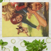 ヴィンテージ父の日，サッカーの子供と家族の犬 キッチンタオル (折り畳み)