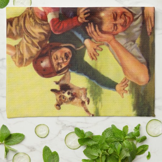 ヴィンテージ父の日，サッカーの子供と家族の犬 キッチンタオル (折り畳み)