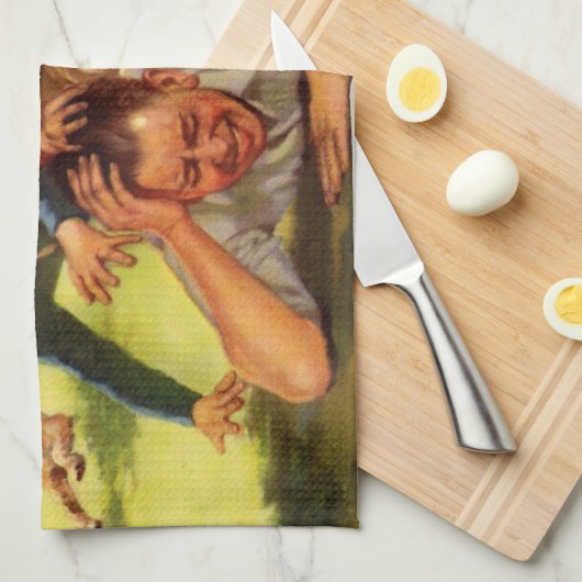 ヴィンテージ父の日，サッカーの子供と家族の犬 キッチンタオル (四つ折り)