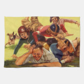 ヴィンテージ父の日，サッカーの子供と家族の犬 キッチンタオル (横)