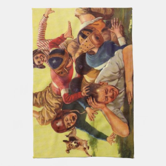 ヴィンテージ父の日，サッカーの子供と家族の犬 キッチンタオル (縦)