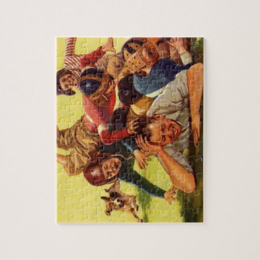 ヴィンテージ父の日，サッカーの子供と家族の犬 ジグソーパズル (縦)