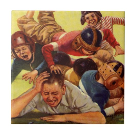 ヴィンテージ父の日，サッカーの子供と家族の犬 タイル (正面)