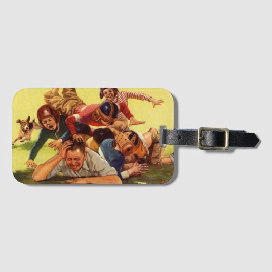 ヴィンテージ父の日，サッカーの子供と家族の犬 ラゲッジタグ (正面横)