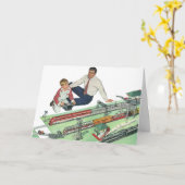 ヴィンテージ父の日、パパと息子と電車 カード (黄色い花)