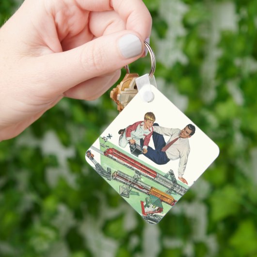 ヴィンテージ父の日、パパと息子と電車 キーホルダー (手)