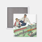 ヴィンテージ父の日、パパと息子と電車 マグネット (正面/裏面)