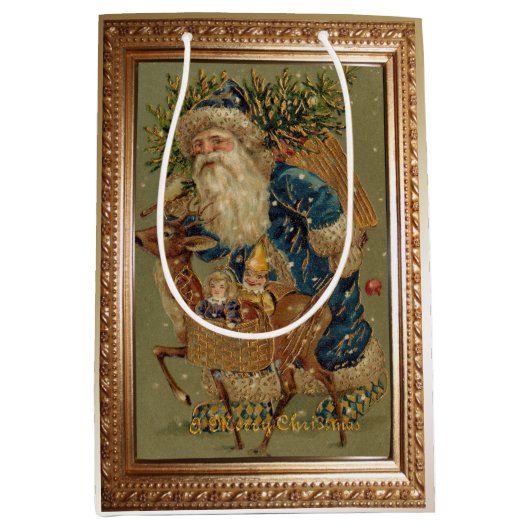 ヴィンテージ父クリスマスとトナカイ ミディアムペーパーバッグ (正面)