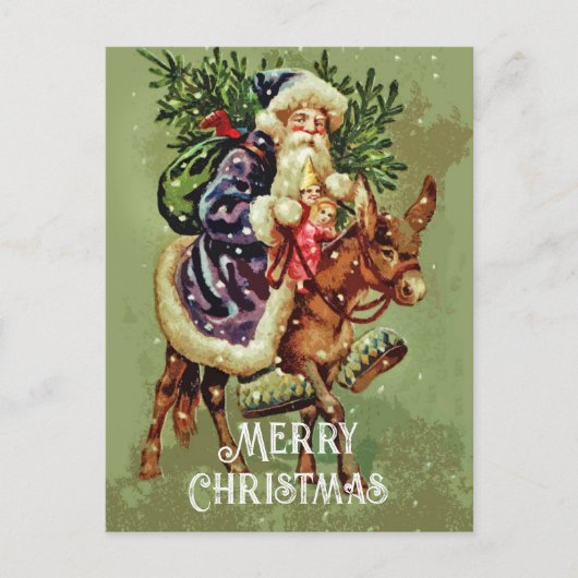 ヴィンテージ父クリスマスオンロバおもちゃ シーズンポストカード (正面)