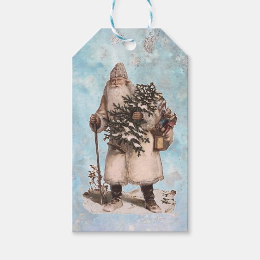 ヴィンテージ父クリスマスサンタシルバー雪が降る ギフトタグ (正面)
