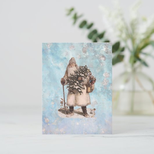 ヴィンテージ父クリスマスサンタシルバー雪が降る シーズンポストカード (スタンド正面)