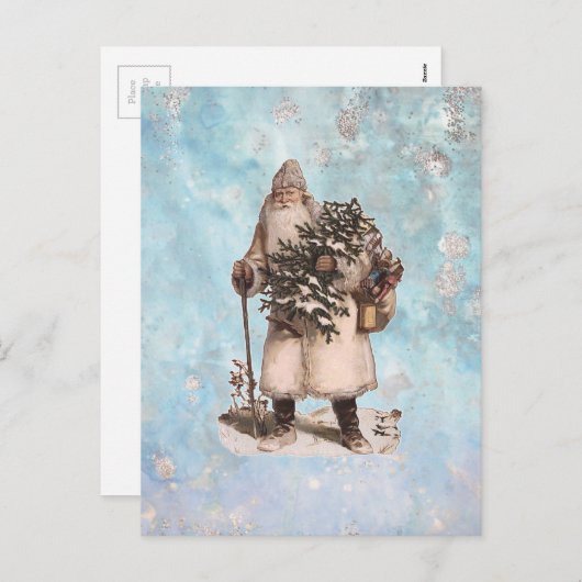 ヴィンテージ父クリスマスサンタシルバー雪が降る シーズンポストカード (正面/裏面)