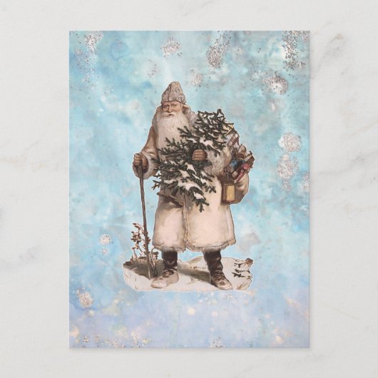ヴィンテージ父クリスマスサンタシルバー雪が降る シーズンポストカード (正面)