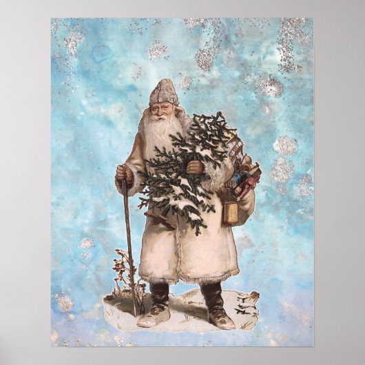ヴィンテージ父クリスマスサンタシルバー雪が降る ポスター (正面)