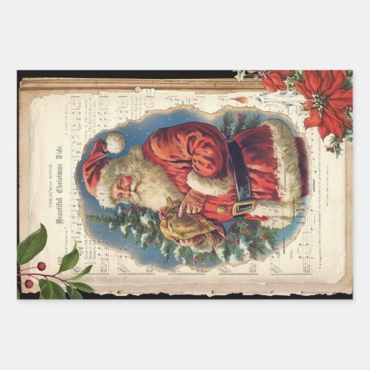 ヴィンテージ父クリスマスフローラ音楽エフェメラ ラッピングペーパーシート (正面3)
