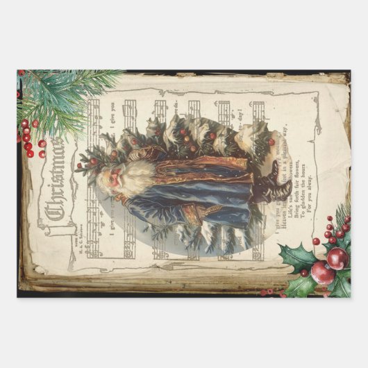 ヴィンテージ父クリスマスフローラ音楽エフェメラ ラッピングペーパーシート (正面2)