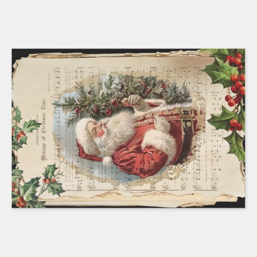 ヴィンテージ父クリスマスフローラ音楽エフェメラ ラッピングペーパーシート (正面)