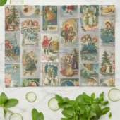 ヴィンテージ父クリスマス、天使と冬のコラージュ キッチンタオル (折り畳み)