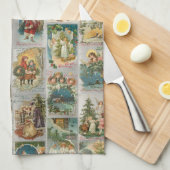 ヴィンテージ父クリスマス、天使と冬のコラージュ キッチンタオル (四つ折り)