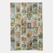 ヴィンテージ父クリスマス、天使と冬のコラージュ キッチンタオル (縦)