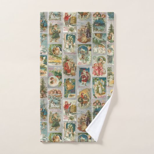 ヴィンテージ父クリスマス、天使と冬のコラージュ バスタオルセット (ハンドタオル)