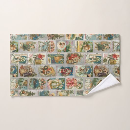 ヴィンテージ父クリスマス、天使と冬のコラージュ バスタオルセット (ハンドタオル)