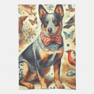 ヴィンテージ牛絵画犬 キッチンタオル