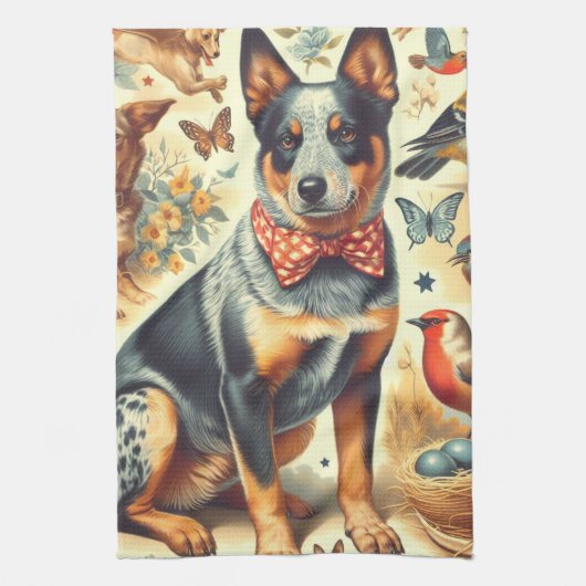 ヴィンテージ牛絵画犬 キッチンタオル (縦)