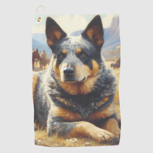 ヴィンテージ牛絵画犬 ゴルフタオル (正面)