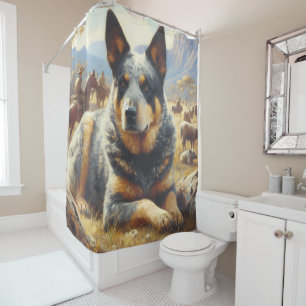 ヴィンテージ牛絵画犬 シャワーカーテン