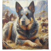 ヴィンテージ牛絵画犬 シャワーカーテン (正面)