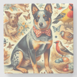 ヴィンテージ牛絵画犬 ストーンコースター