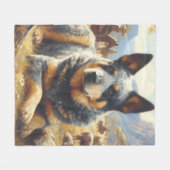 ヴィンテージ牛絵画犬 フリースブランケット (正面(横))