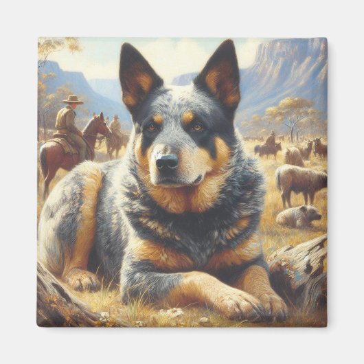 ヴィンテージ牛絵画犬 マグネット (正面)