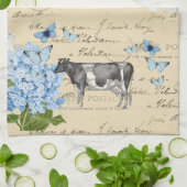 ヴィンテージ牛青い花の郵便はがきのふきん キッチンタオル (折り畳み)