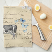 ヴィンテージ牛青い花の郵便はがきのふきん キッチンタオル (四つ折り)