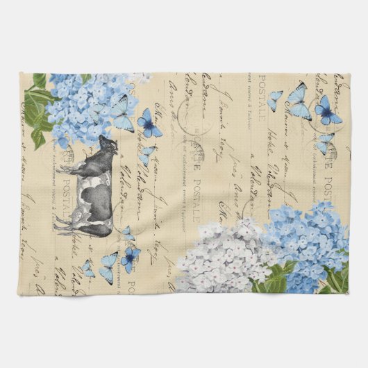 ヴィンテージ牛青い花の郵便はがきのふきん キッチンタオル (横)