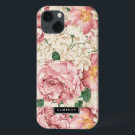 ヴィンテージ牡丹とアジサイ模様 iPhone 13ケース<br><div class="desc">iPadエレガントミニケースは赤面ピンクのバラとアイボリーアジサイと牡丹のヴィンテージイラストを搭載。このデザインはバラエティに富んだ商品で販売されている。他のクリックデザインは以下の通り。</div>