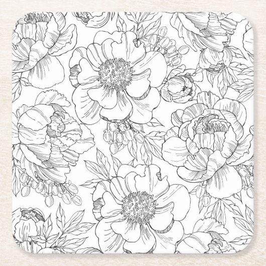 ヴィンテージ牡丹の花柄 スクエアペーパーコースター (正面)