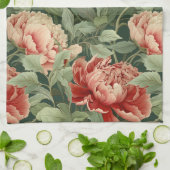 ヴィンテージ牡丹ティータオルの珊瑚、赤面&セージ キッチンタオル (折り畳み)