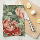 ヴィンテージ牡丹ティータオルの珊瑚、赤面&セージ キッチンタオル (四つ折り)