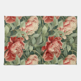 ヴィンテージ牡丹ティータオルの珊瑚、赤面&セージ キッチンタオル
