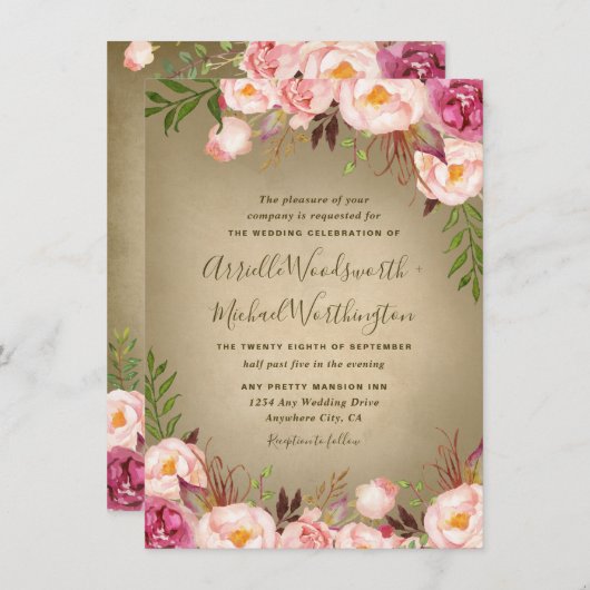 ヴィンテージ牡丹バラ赤面結婚式招待状 招待状 (正面/裏面)