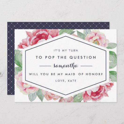 ヴィンテージ牡丹ビーマイメイド・オブ・オーナー（花嫁付き添い人）カード 招待状 (正面/裏面)