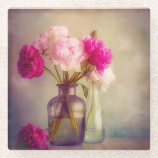 ヴィンテージ牡丹ブーケイングラスヴァース ガラスコースター (正面)