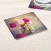 ヴィンテージ牡丹ブーケイングラスヴァース スクエアペーパーコースター (アングル)