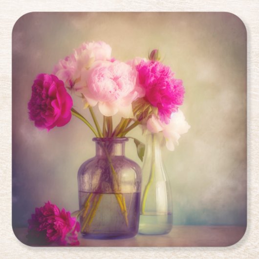 ヴィンテージ牡丹ブーケイングラスヴァース スクエアペーパーコースター (正面)