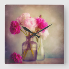 ヴィンテージ牡丹ブーケイングラスヴァース スクエア壁時計