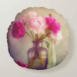 ヴィンテージ牡丹ブーケイングラスヴァース ラウンドクッション