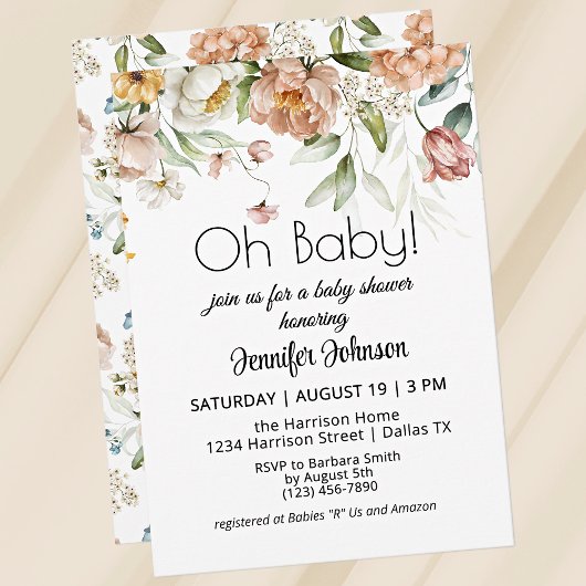 ヴィンテージ牡丹花模様赤面ピンクOh赤ちゃんシャワー 招待状